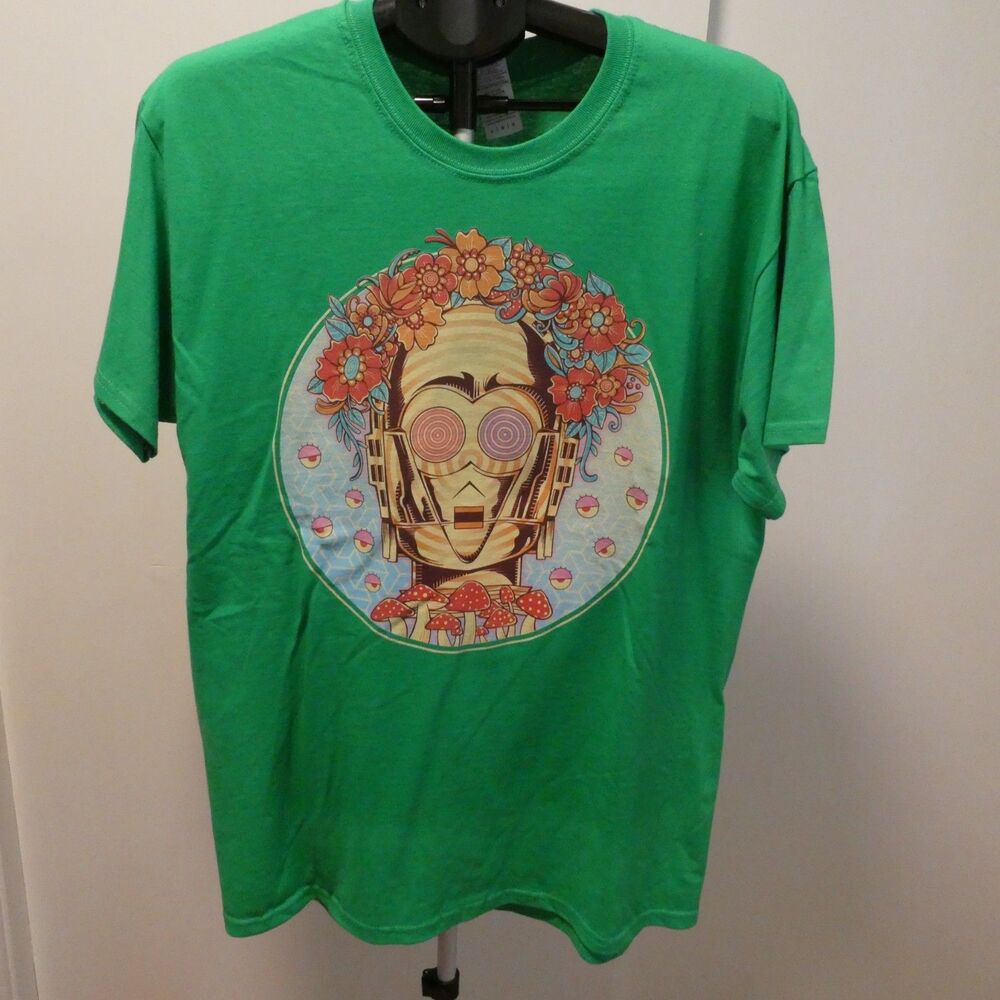 Star Wars C-3PO Psychedelic Trippy Art T-Shirt Mushrooms Flowers Green L